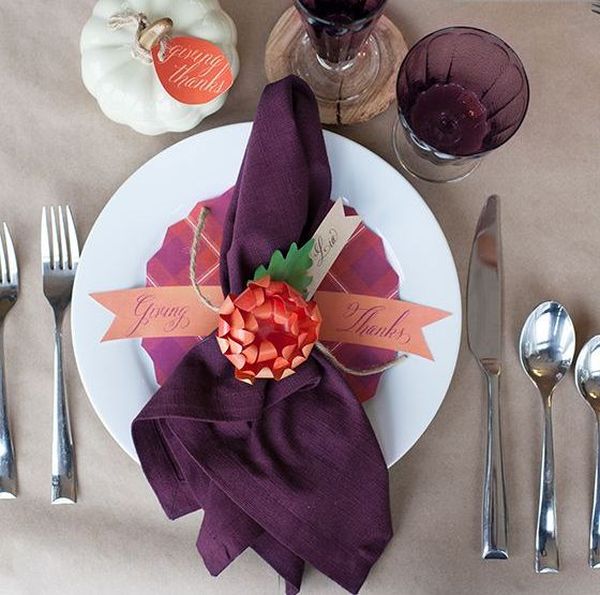 Sweet Purple Thanksgiving Decoration for Intimate and Romantic Party : Beautifully Folded Napkins Exude Elegance With Purple Color Decoration Ideas